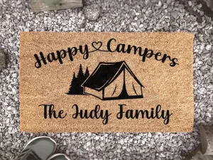 Camping Door Mat, Happy Campers, Personalized Doormat, Family Name Mat, Tent, Travelling, Camper Rug, Cute, Coir Mat