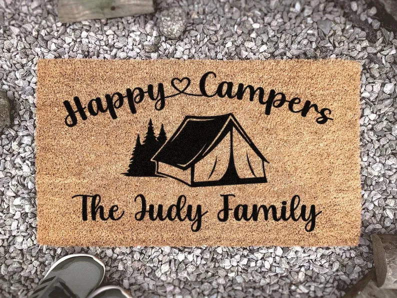 Camping Door Mat, Happy Campers, Personalized Doormat, Family Name Mat, Tent, Travelling, Camper Rug, Cute, Coir Mat