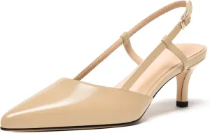 FEMSTEP Womens Slingback Buckle Fashion Matte Leather Pointed Toe Dating Kitten Low Heel Pumps Shoes 2 Inch