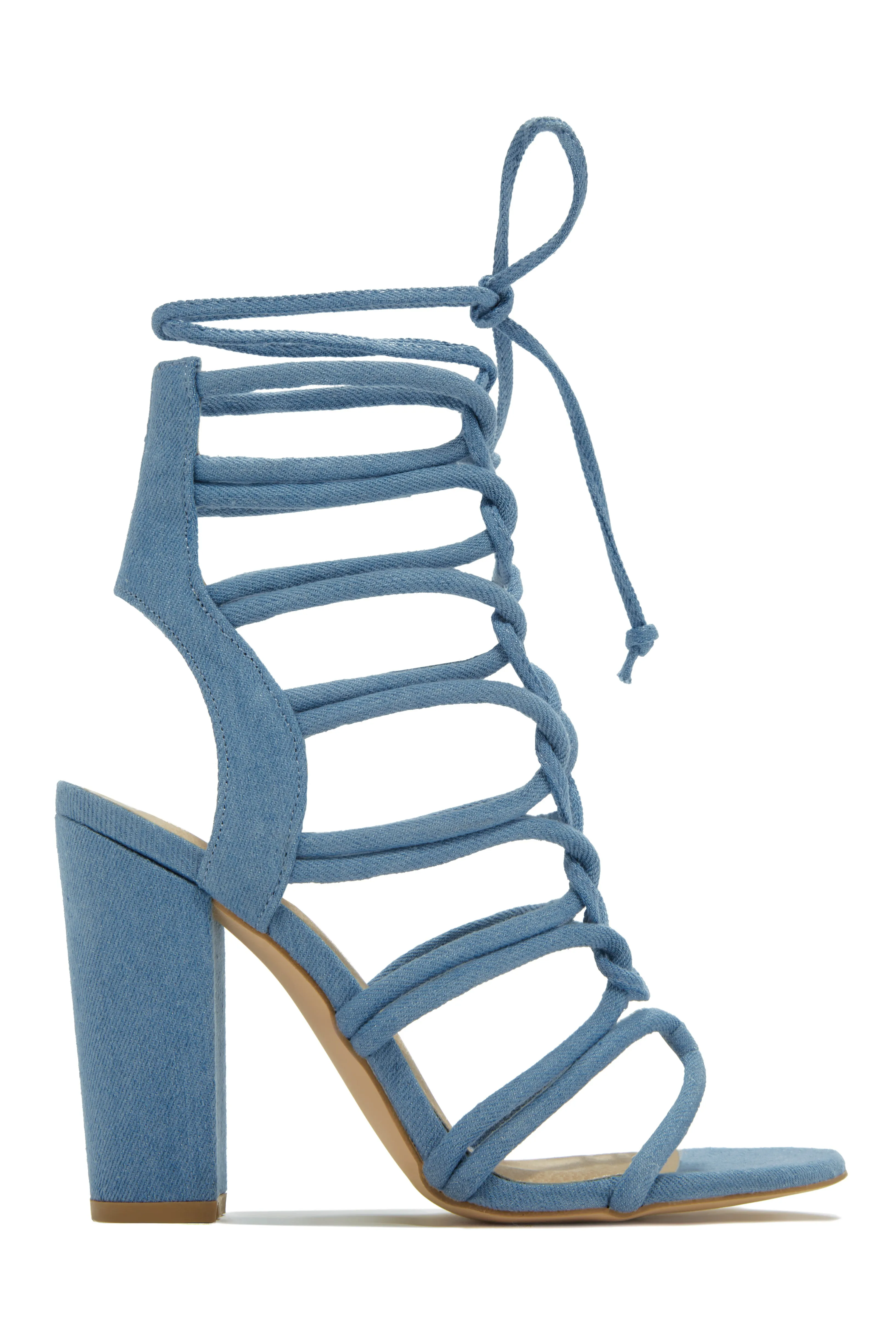 Miami Vibes Lace Up Block High Heels - Denim