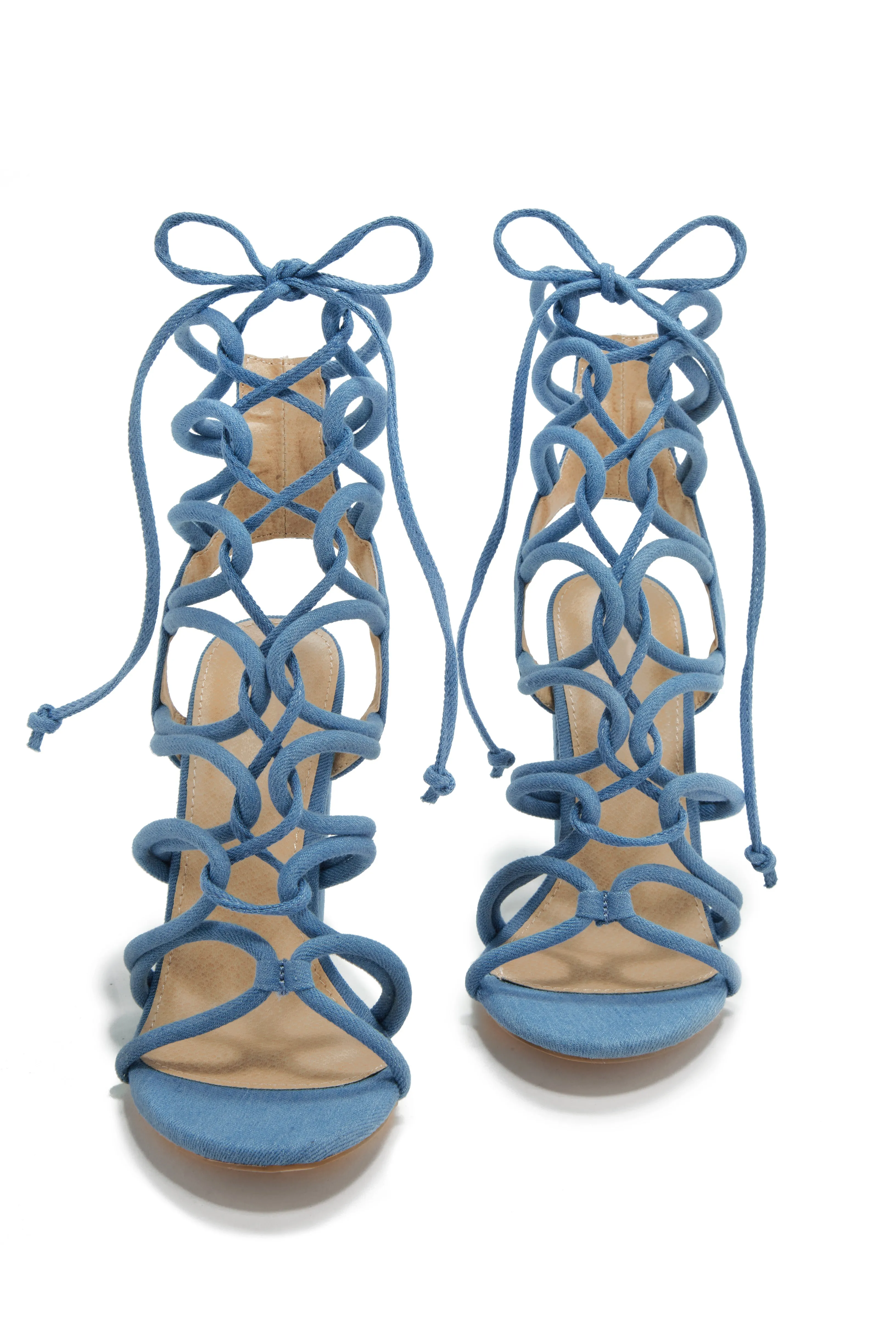 Miami Vibes Lace Up Block High Heels - Denim