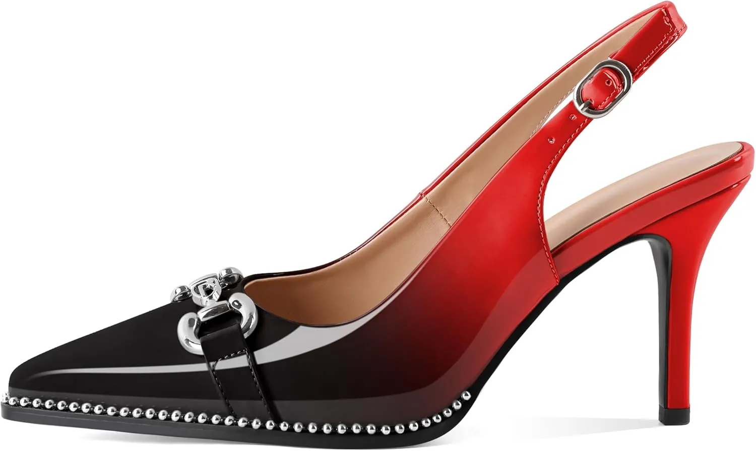 SAMMITOP Women Slingback High Heel Pumps Closed Pointed Toe Beaded Buckle Strap Slip On Stilettos 3.5 Inch Dress Pumps Shoes