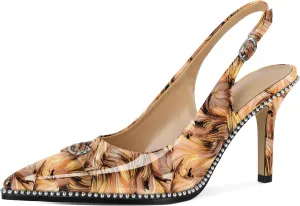 SAMMITOP Women's Slingback High Heels Pointed Toe Buckle Silver Beaded Pumps Stilettos Slip On 3.5 Inch Sexy Heeled Dress Shoes Patent Leather