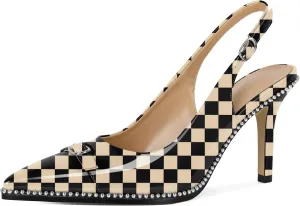 SAMMITOP Women's Slingback High Heels Pointed Toe Buckle Silver Beaded Pumps Stilettos Slip On 3.5 Inch Sexy Heeled Dress Shoes Patent Leather