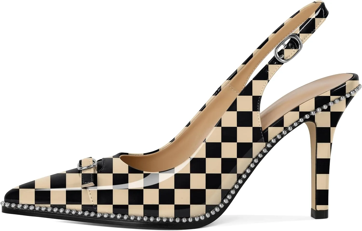 SAMMITOP Women's Slingback High Heels Pointed Toe Buckle Silver Beaded Pumps Stilettos Slip On 3.5 Inch Sexy Heeled Dress Shoes Patent Leather