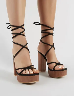 Strut Lace Up Block Heels in Black Faux Suede