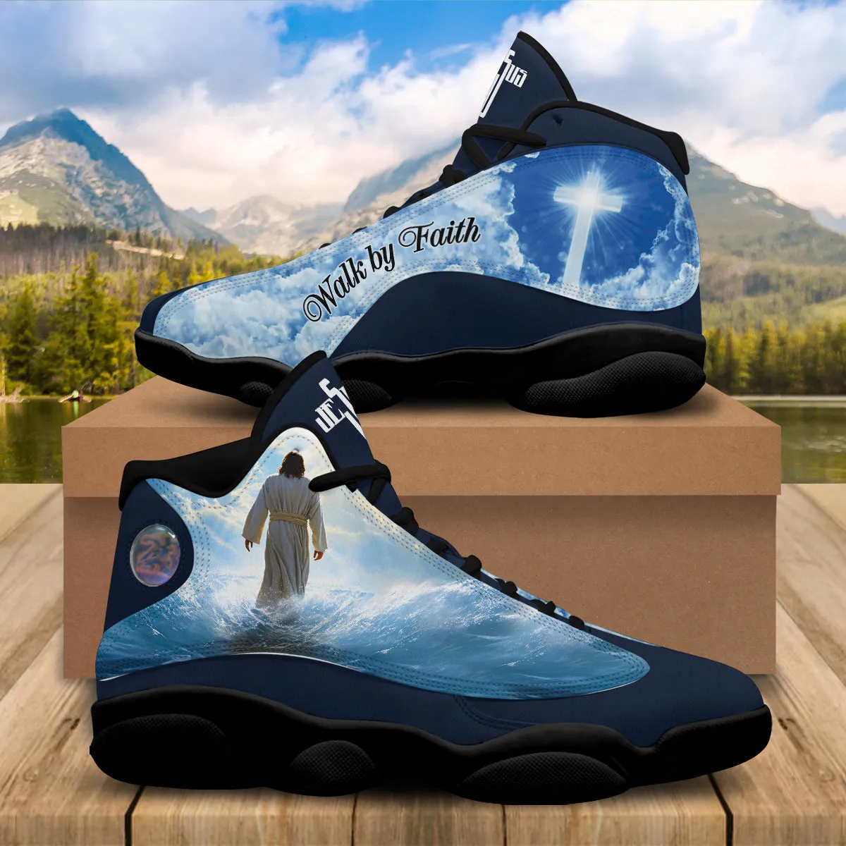 Teesdily | Jesus Walk By Faith Basketball Shoes, Jesus Cross Shoes, Jesus Beach Mens Basketball Shoes, Gift For God Lovers Unisex Basketball Shoes