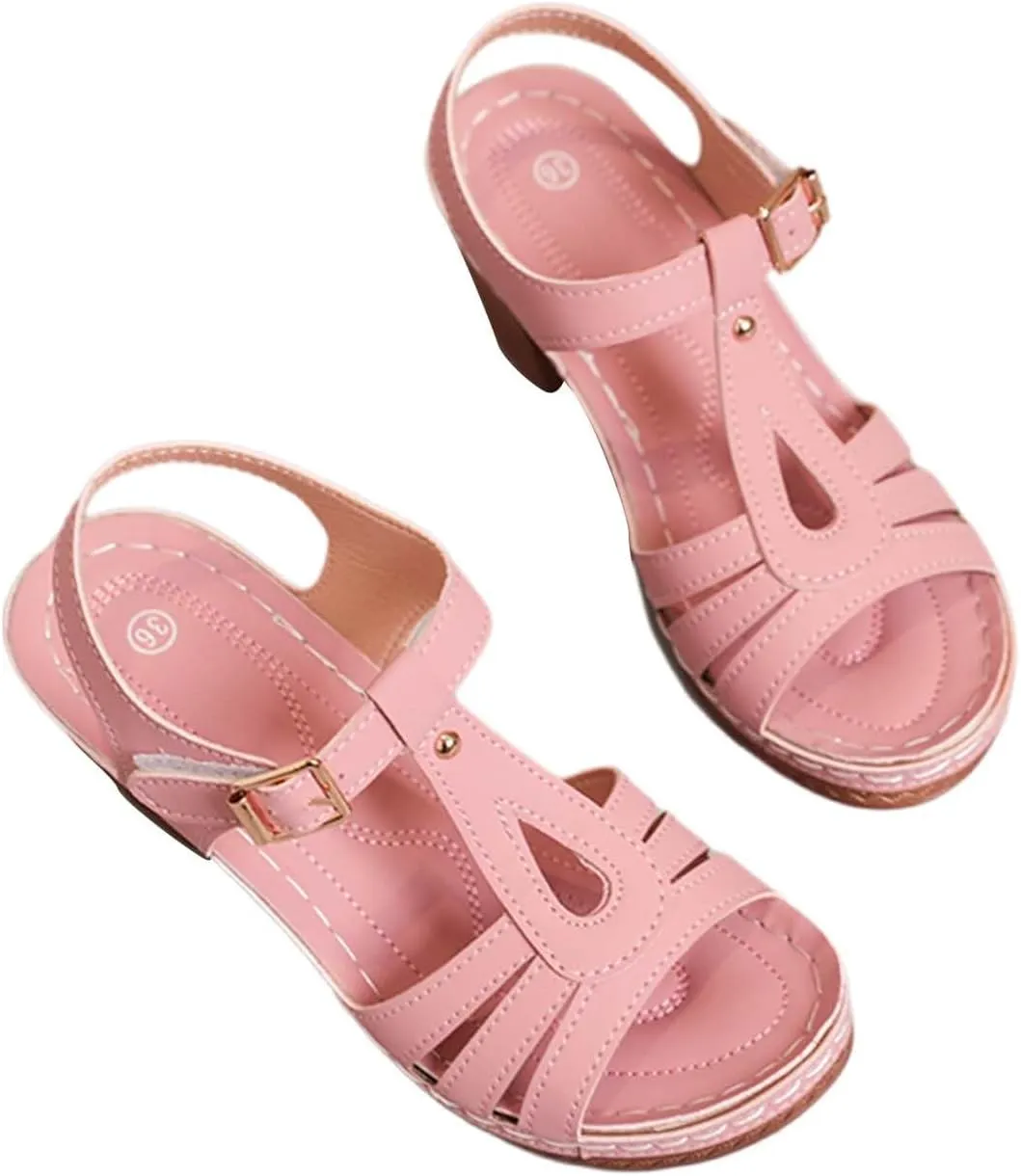 Womens Heeled Sandals Square Open Toe Small Chunky Heel Platform Sandals for Women Leather Insole Daily Sandals