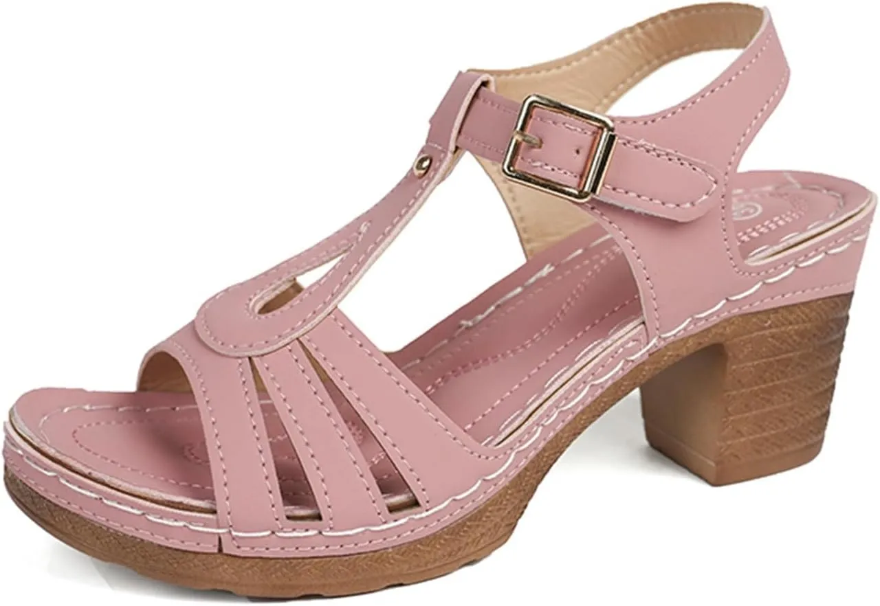 Womens Heeled Sandals Square Open Toe Small Chunky Heel Platform Sandals for Women Leather Insole Daily Sandals