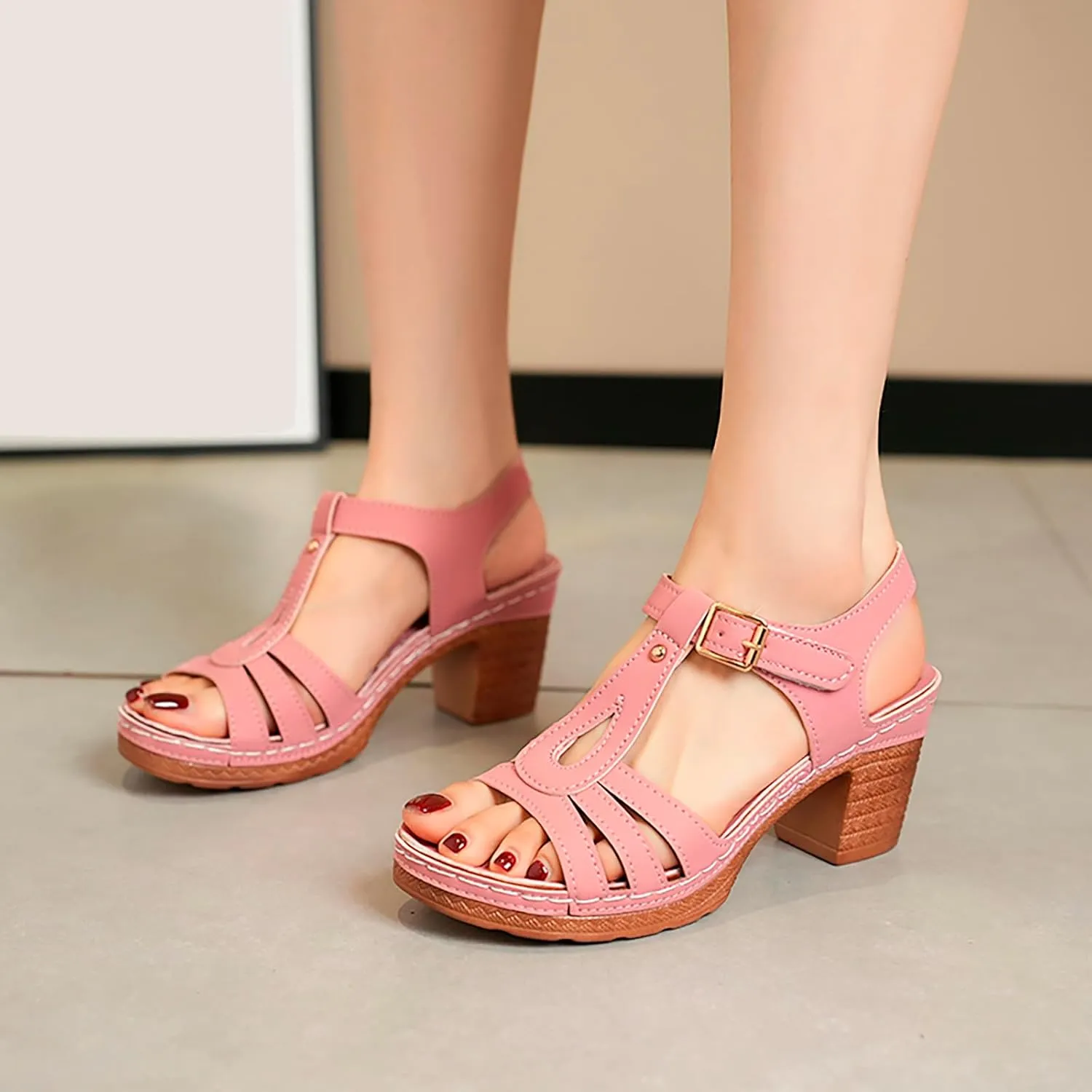 Womens Heeled Sandals Square Open Toe Small Chunky Heel Platform Sandals for Women Leather Insole Daily Sandals